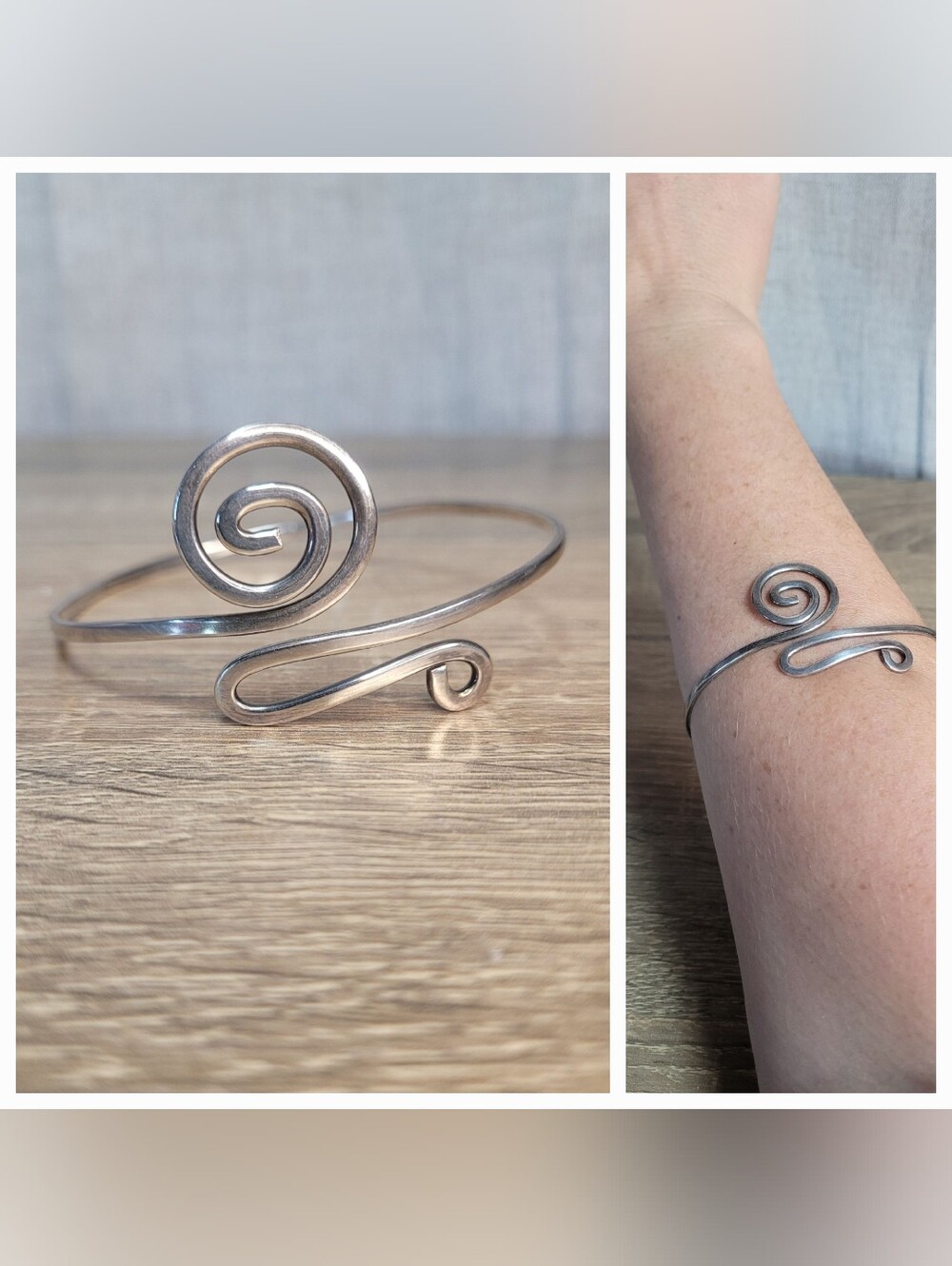 Handcrafted Silver Spiral Silver-Tone Upper Arm Cuff Bracelet Vintage 90s Celtic